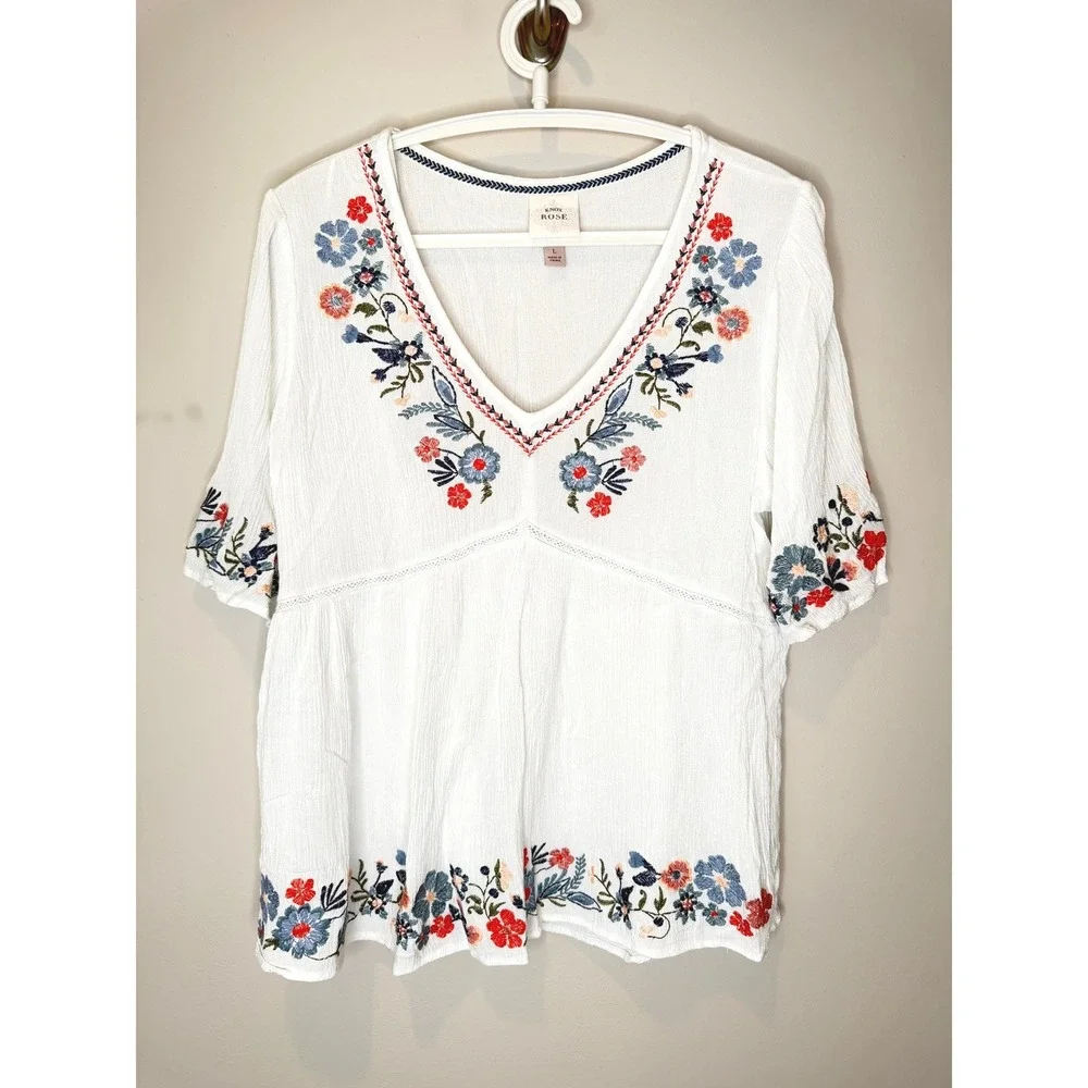 Knox Rose Embroidered Boho Peasant Guaze Top White Floral Large - Picture 2 of 6